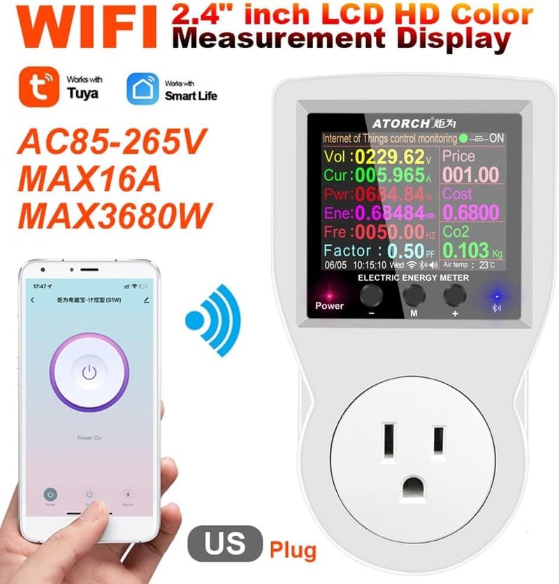AVHzY AC WiFi Watt Meter, Plug-in US Socket Power Meter, Electricity bill statistics,temperature control,Backlit Large Color Display, Overload Protection,Voltage AMP Tester, Electrical Energy Monitor Timer - Image 3